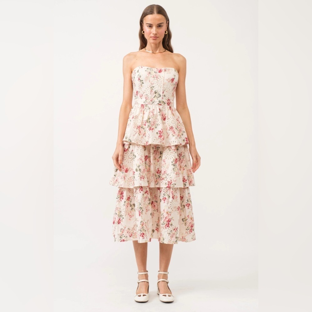 SOFIE THE LABEL
FLORAL CORSET TIERED MIDI
DRESS Size S